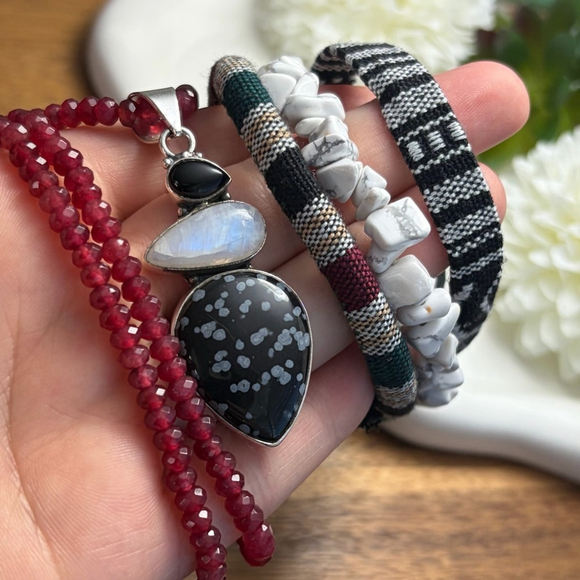Onyx Moonstone Snowflake Obsidian Pendant Jewelry Set Lot Garnet Necklace 925 - Picture 5 of 8